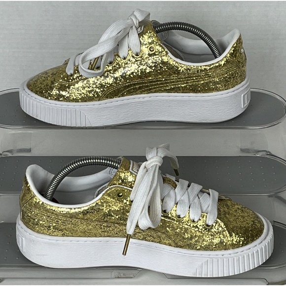 Puma Women's Basket Platform Gold Glitter Sneakers 364093-02 Size 7 - Picture 3 of 9